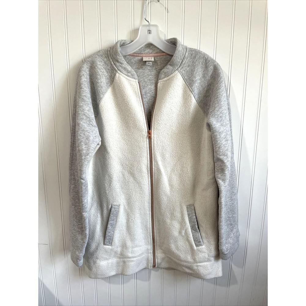 A New Day Jacket Womens Large Fleece White Gray‎ Full Zip Closure Rose Gold Zip